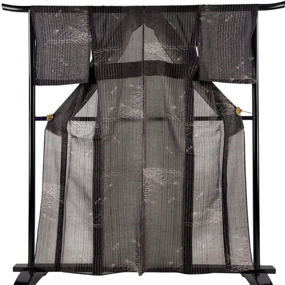 紬 身丈160cm 裄丈66.5cm M 薄物 夏芭蕉 夏紬 証紙 萩 トンボ 焦茶色 正絹 名品 【中古】