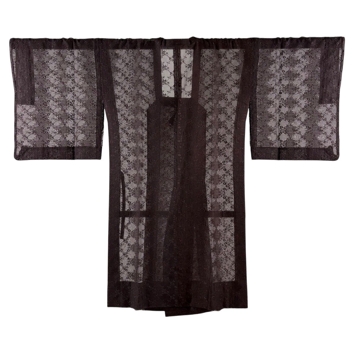 【美品】 道行 身丈102cm 裄丈64cm M 和装コート 角衿 草花 刺繍 焦茶色 正絹 名品 【中古】