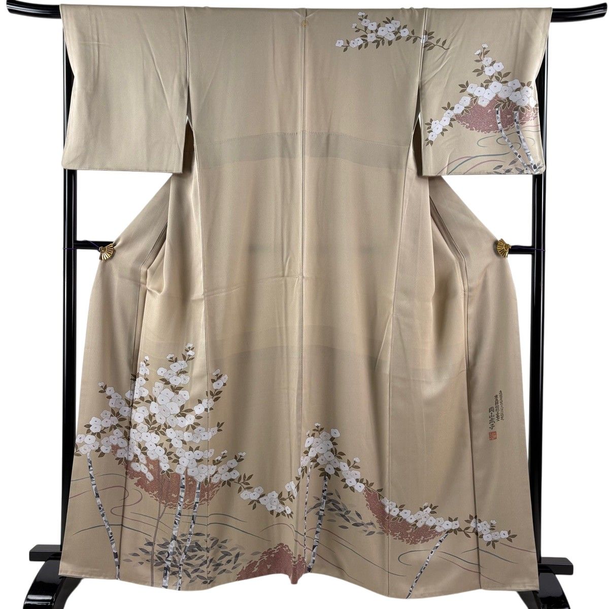 【美品】 訪問着 身丈163cm 裄丈68cm L 袷 岡山武子 落款 枝花 流水 薄茶色 正絹 名品 一つ紋 【中古】 12,816円