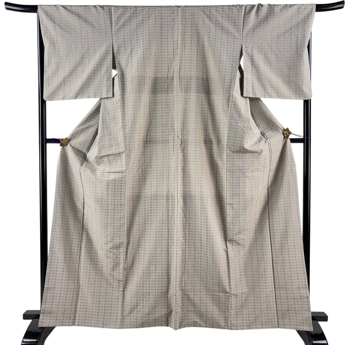 紬 身丈164cm 裄丈67cm M 袷 縦縞 幾何学 灰茶 正絹 名品 【中古】