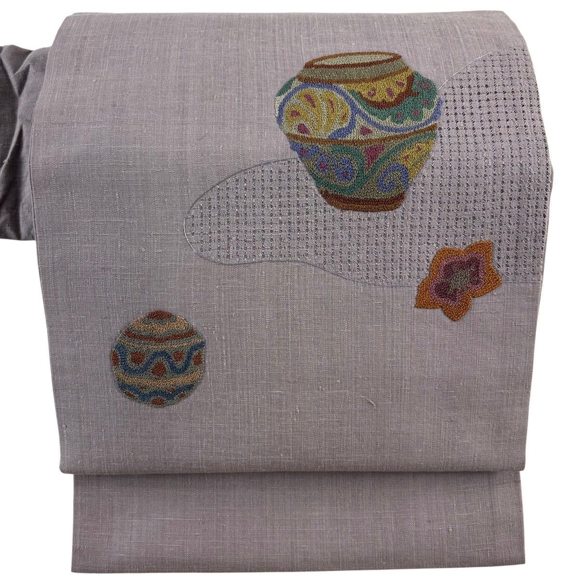 名古屋帯 秀品 紬地 器物 花唐草 刺繍 灰紫 正絹 【中古】
