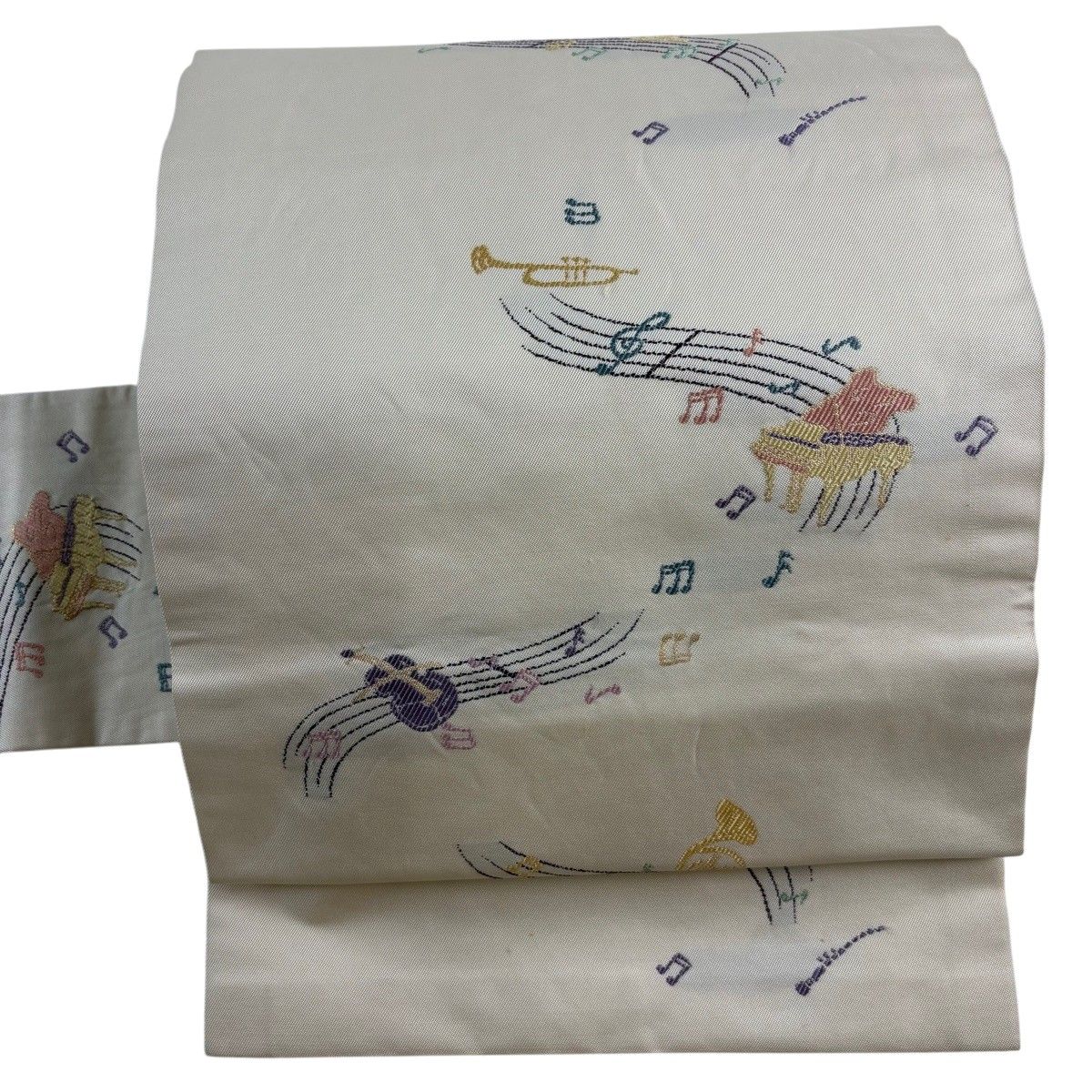 名古屋帯 秀品 音符 楽器 箔 唐織 クリーム 正絹 【中古】