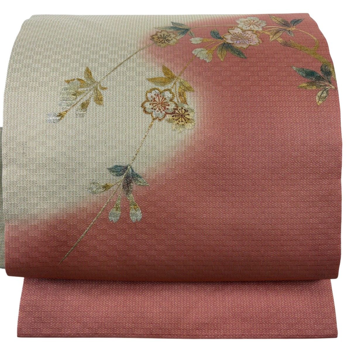 名古屋帯 秀品 桜 霞 螺鈿 金銀彩 ベージュ 正絹 【中古】