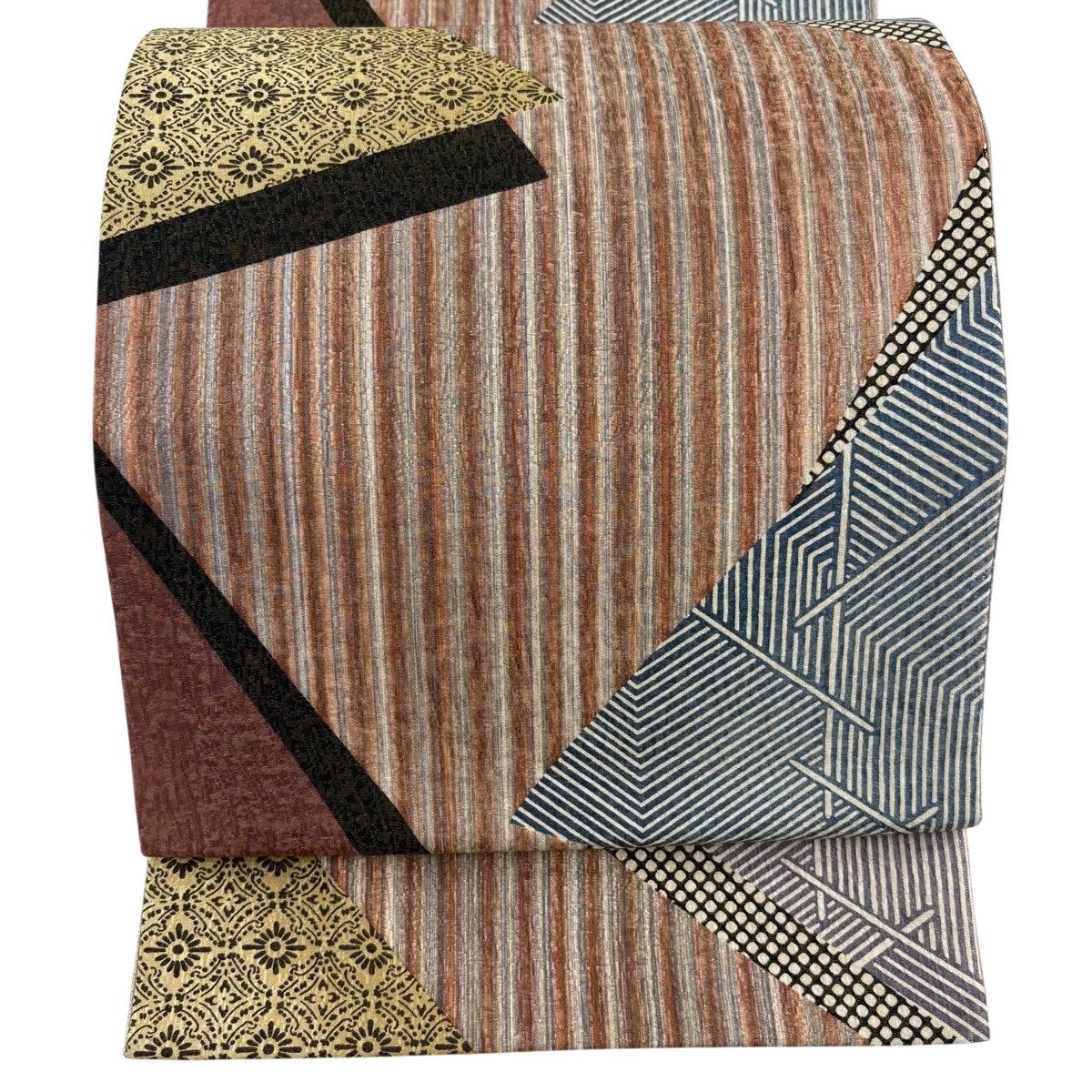 【美品】 袋帯 秀品 縞 幾何学模様 金銀糸 赤茶 全通 正絹 【中古】