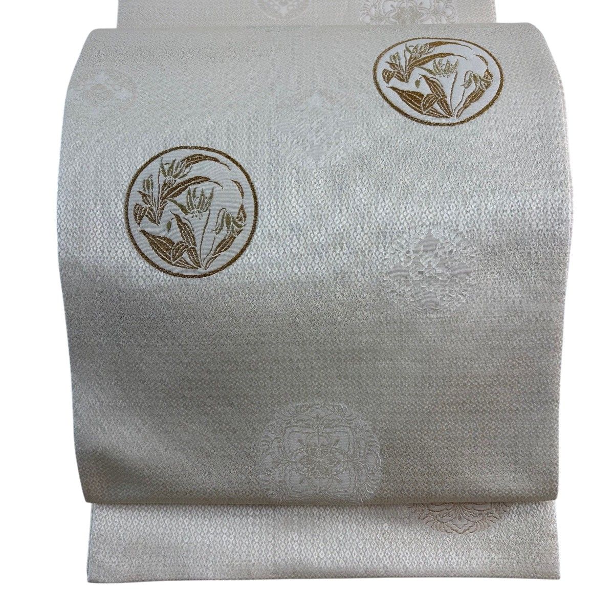 【美品】 袋帯 秀品 丸文 草花 金糸 箔 ベージュ お太鼓柄 正絹 【中古】