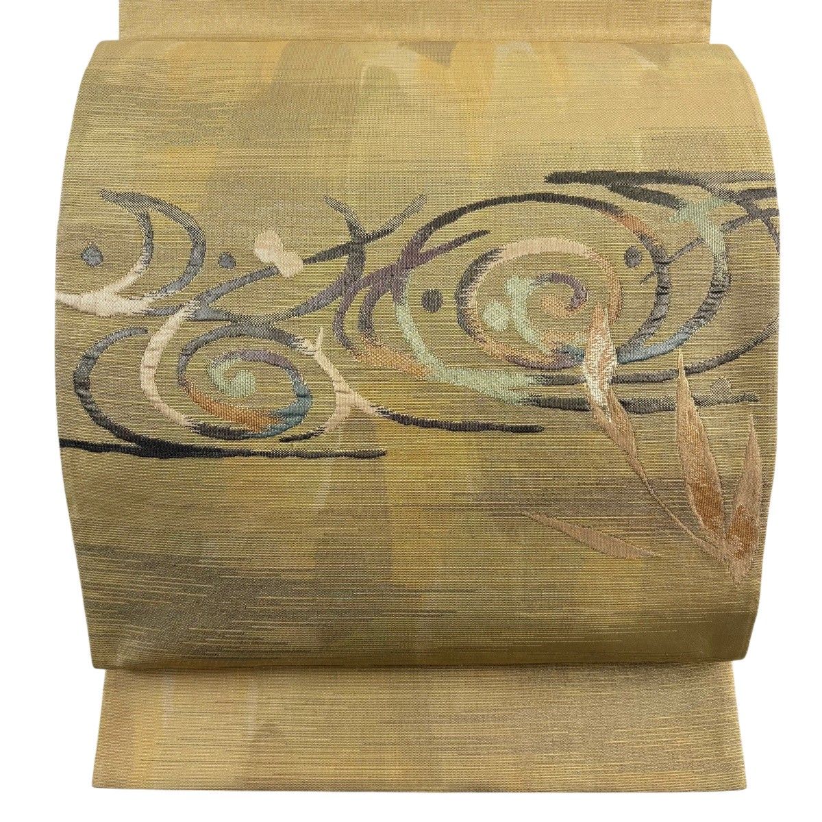 【美品】 袋帯 秀品 渦巻き 葉柄 箔 金糸 ベージュ お太鼓柄 正絹 【中古】
