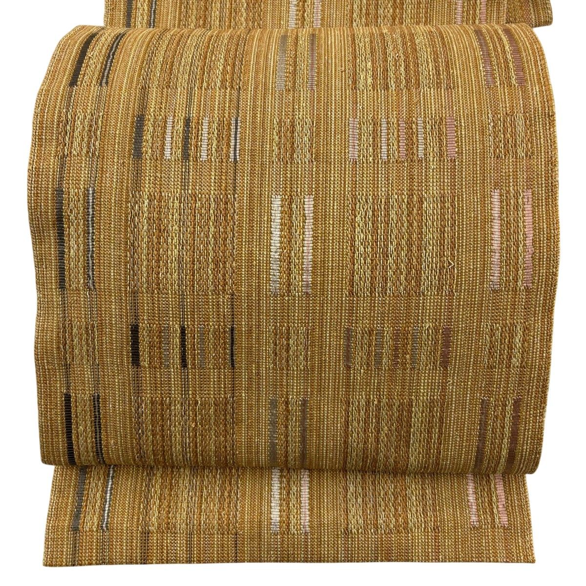 【美品】 名古屋帯 秀品 証紙 松葉仕立て 八寸名古屋帯 宝来織 近賢織物 こもれび 縞 山吹色 正絹 【中古】