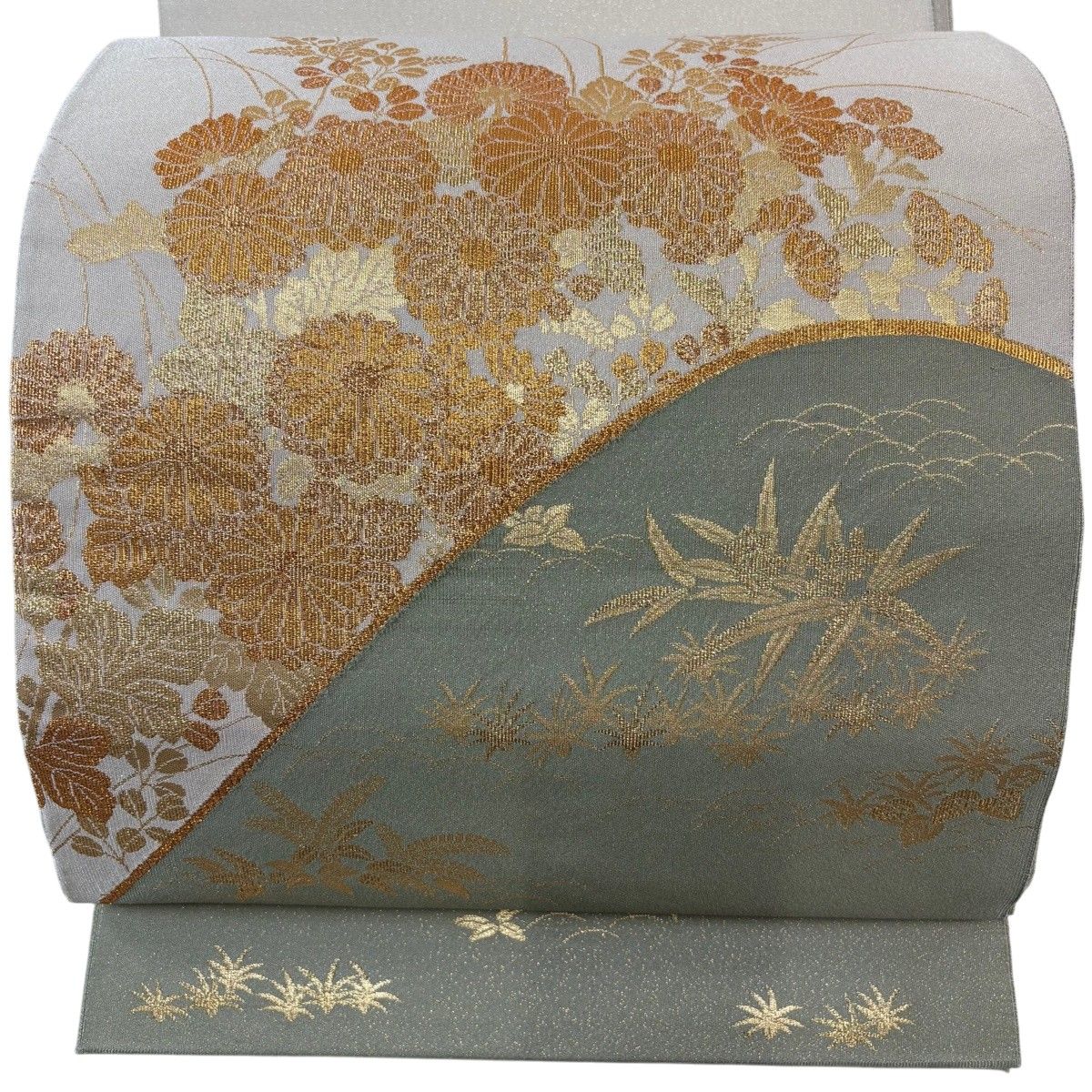 【美品】 袋帯 秀品 錦秋草花蒔絵 箔 金糸 灰緑 お太鼓柄 正絹 【中古】