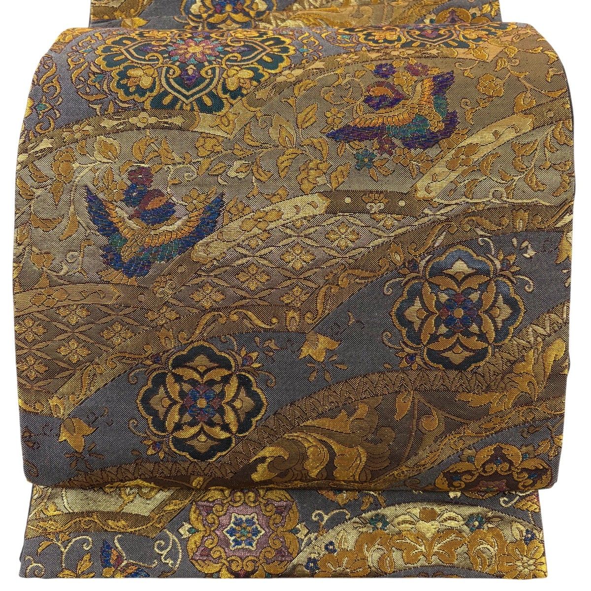 【美品】 袋帯 秀品 華文 花喰い鳥 箔 金糸 灰色 六通 正絹 【中古】