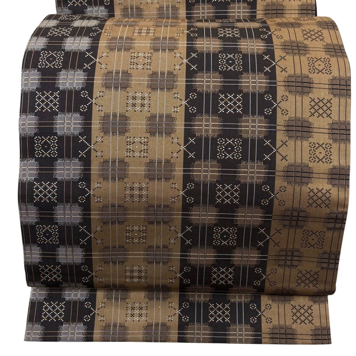 【美品】 袋帯 秀品 紬地 格子 幾何学模様 茶色 全通 正絹 【中古】