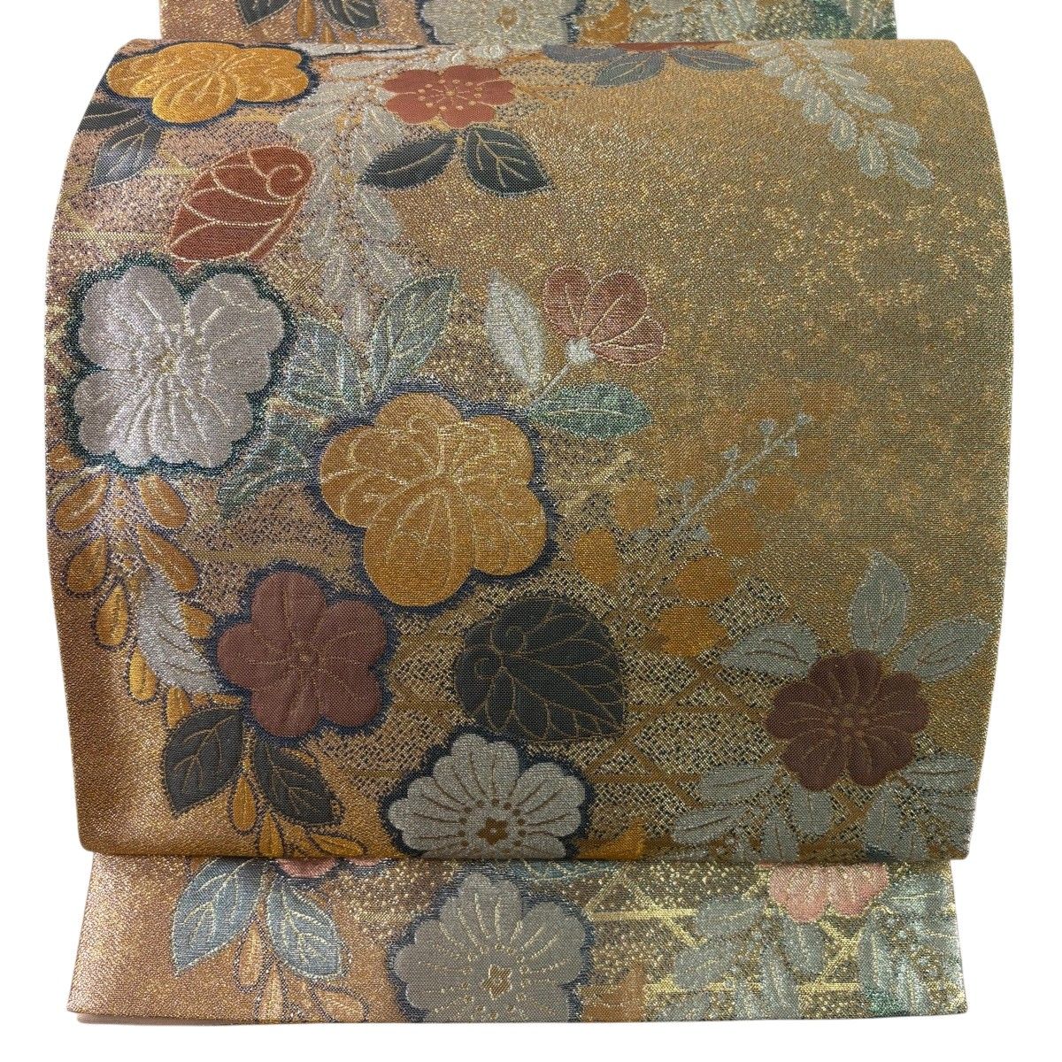 【美品】 袋帯 秀品 草花 籠目 箔 金銀糸 薄緑 六通 正絹 【中古】