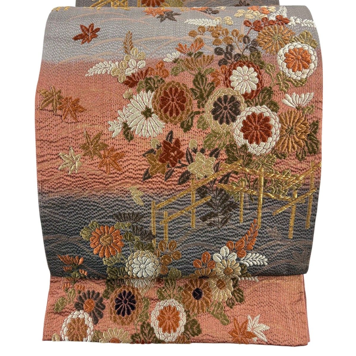 【美品】 袋帯 秀品 秋草 萩 金糸 箔 ピンク 六通 正絹 【中古】