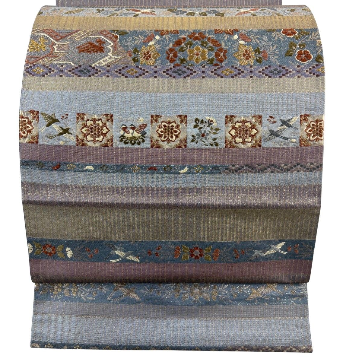 【美品】 袋帯 秀品 華文 花鳥 金糸 箔 青灰色 お太鼓柄 正絹 【中古】