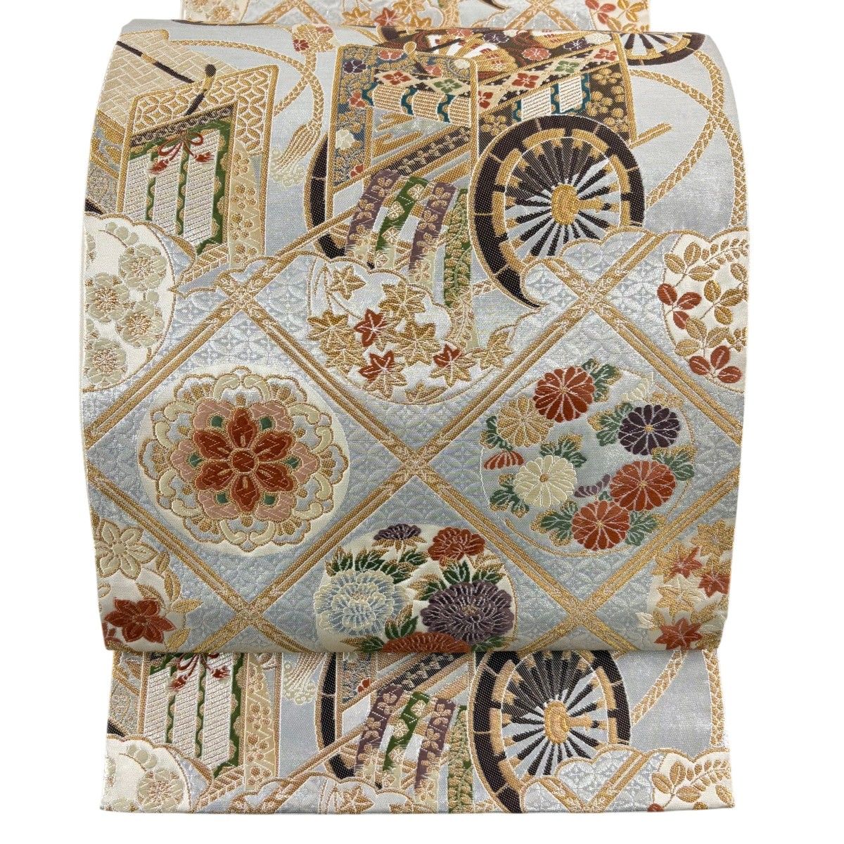 【美品】 袋帯 秀品 花丸文 御所車 プラチナ箔 金糸 銀色 六通 正絹 【中古】