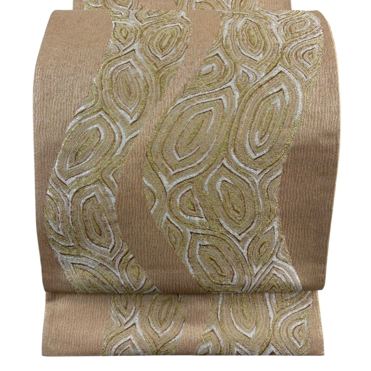 【美品】 袋帯 秀品 幾何学模様 箔 金糸 薄茶色 六通 正絹 【中古】