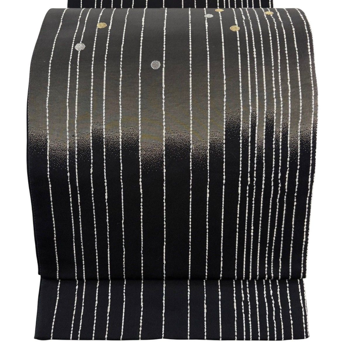 【美品】 袋帯 秀品 丸文 縞模様 金銀糸 箔 黒 お太鼓柄 正絹 【中古】