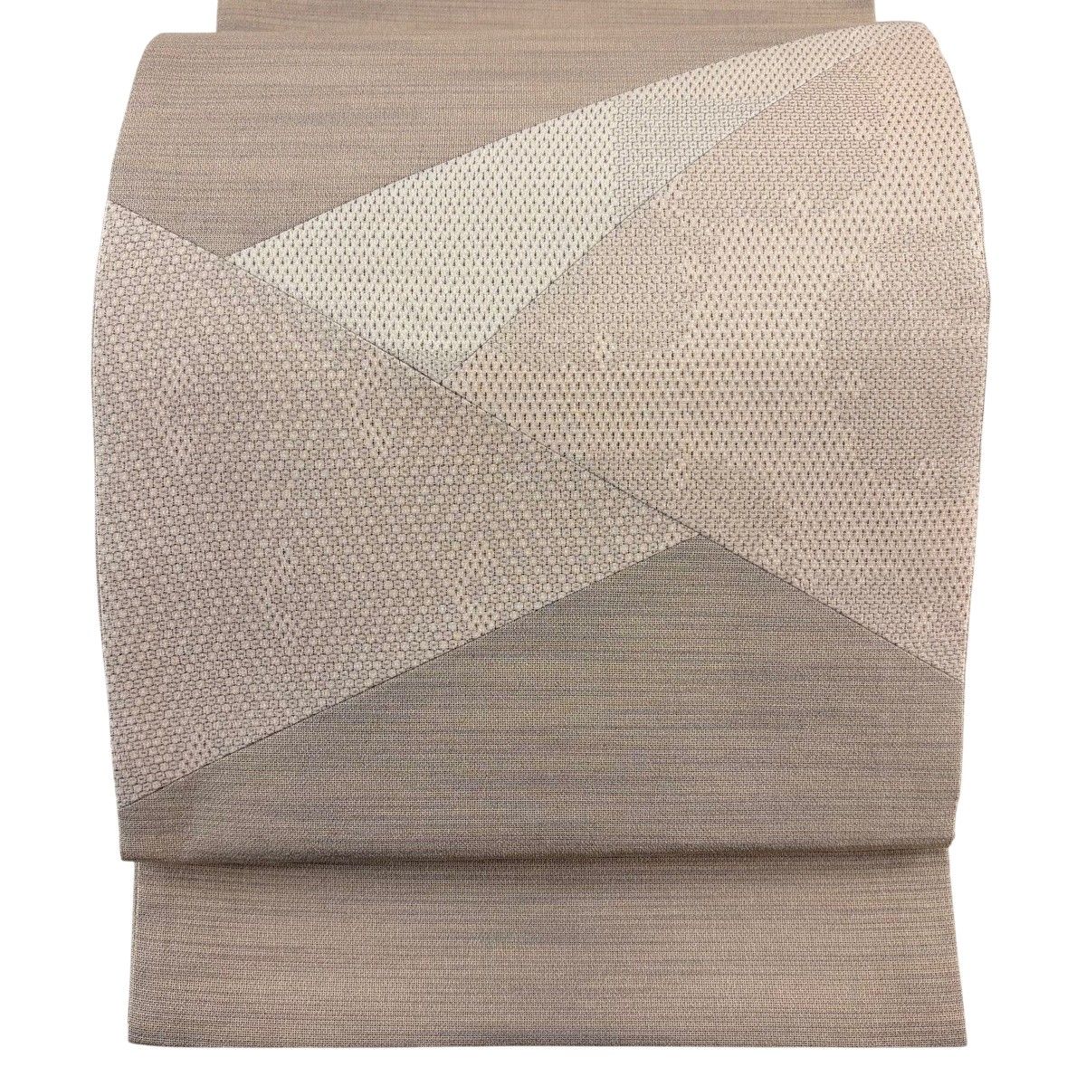 【美品】 袋帯 秀品 紬地 雪輪 亀甲絣 切嵌め 薄茶色 お太鼓柄 正絹 【中古】