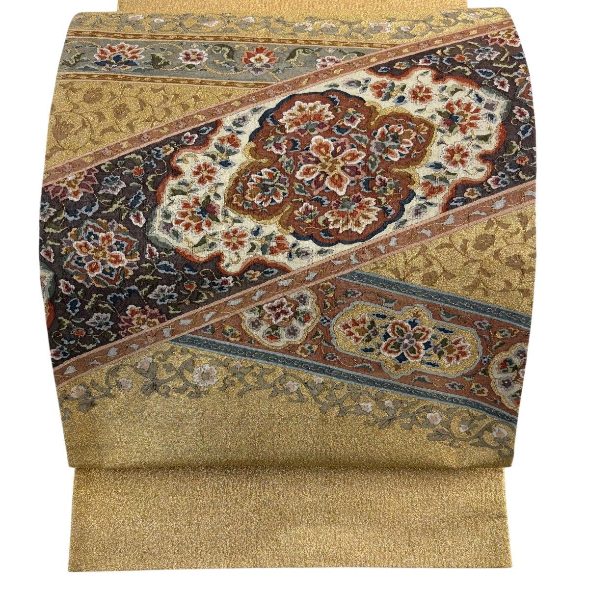 【美品】 袋帯 秀品 綴れ 華文 花唐草 金糸 金色 お太鼓柄 正絹 【中古】