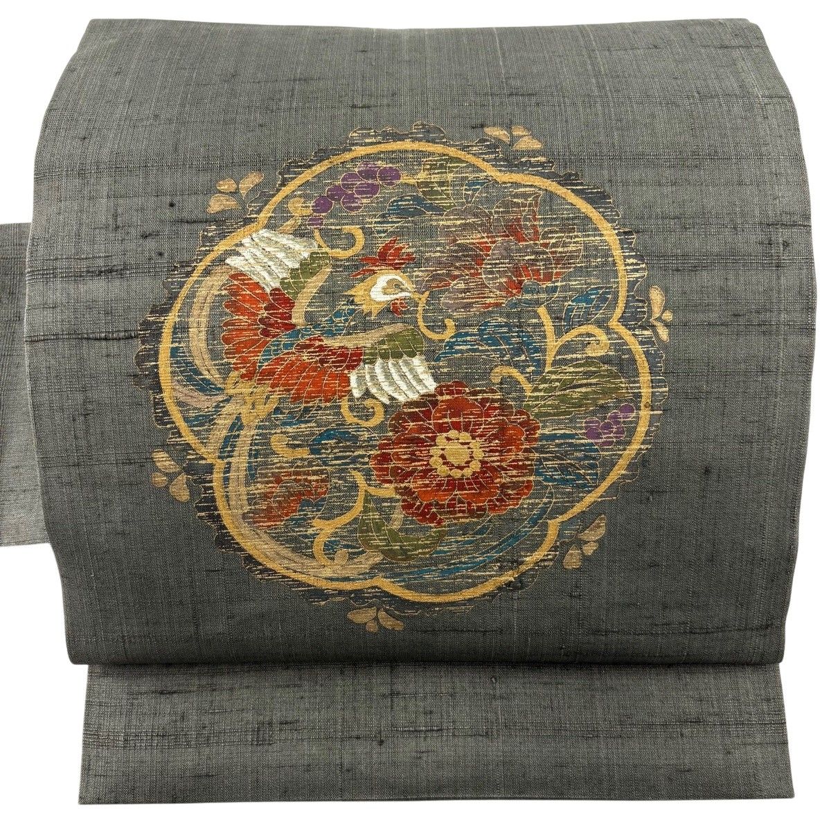 名古屋帯 秀品 紬地 鳳凰 花唐草 金彩 灰緑 正絹 【中古】