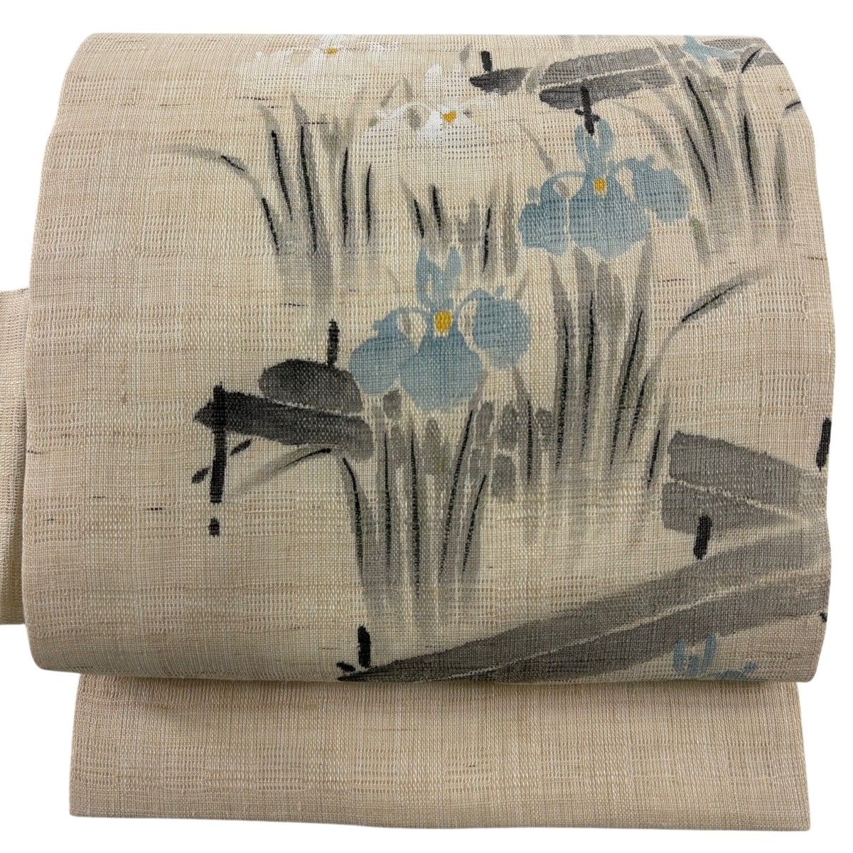 名古屋帯 秀品 落款 夏帯 草花 八橋 ベージュ 麻 【中古】