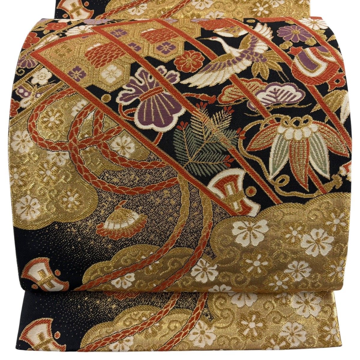 【美品】 袋帯 秀品 桧扇 鶴 金糸 箔 黒 六通 正絹 【中古】