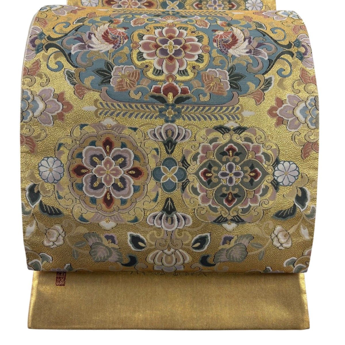 【美品】 袋帯 秀品 落款 証紙 大和絵宝飾文 金色 六通 正絹 【中古】