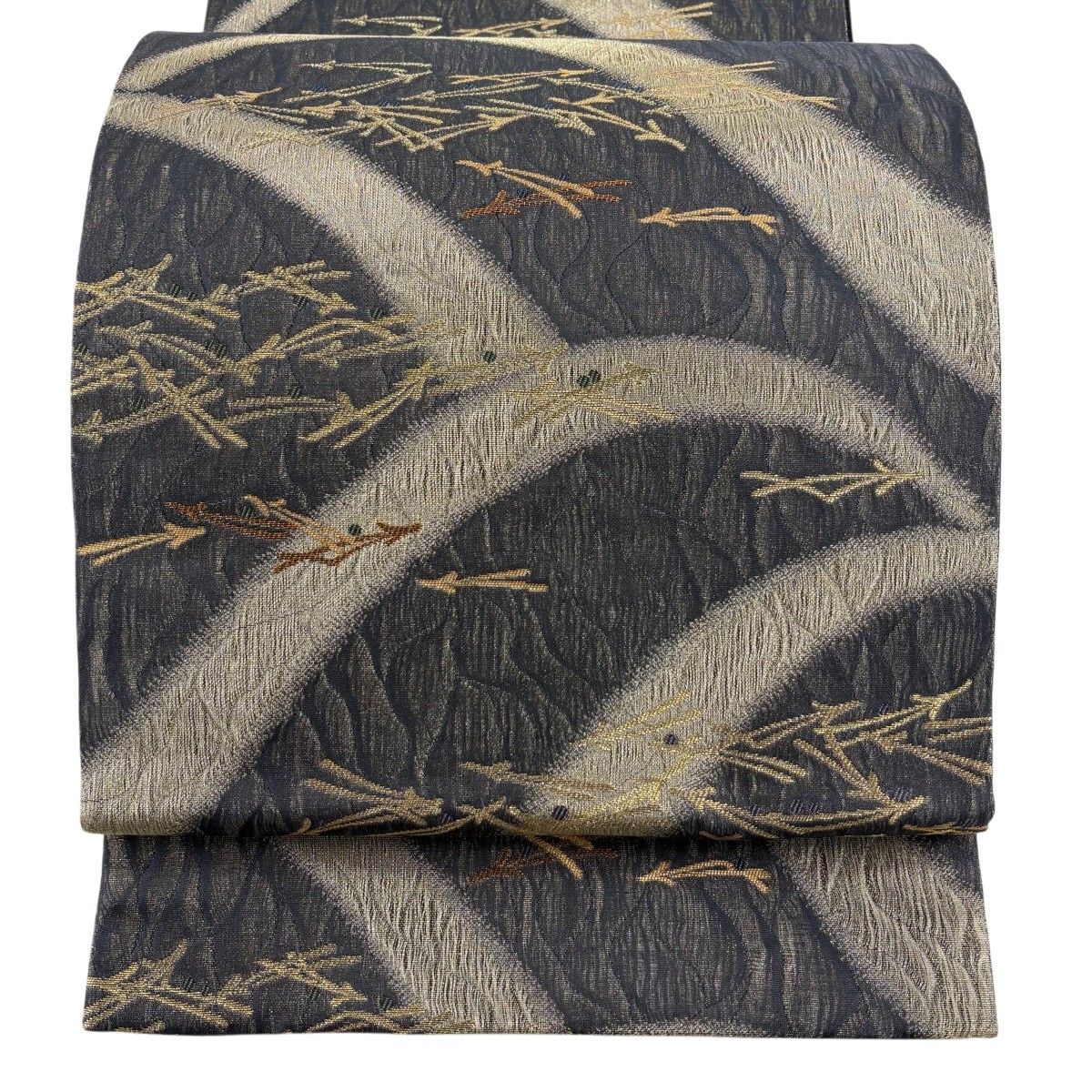 【美品】 袋帯 秀品 松葉 金糸 箔 紺色 六通 正絹 【中古】
