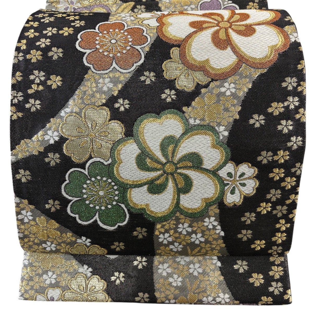 【美品】 袋帯 秀品 振袖向き 桜 金銀糸 箔 黒 六通 正絹 【中古】