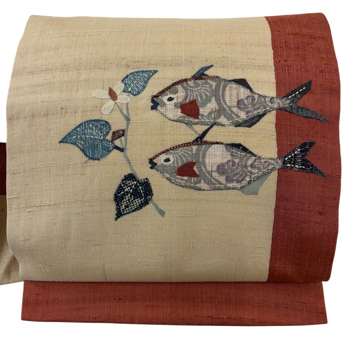 【美品】 名古屋帯 秀品 魚 花 ベージュ 正絹 【中古】