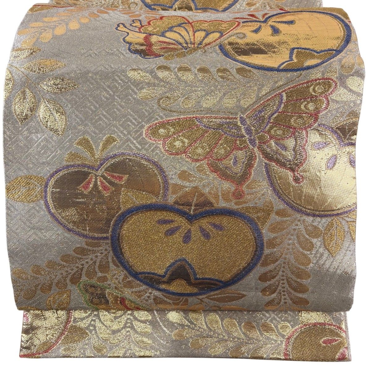 【美品】 袋帯 秀品 振袖向き 蝶 橘 金糸 箔 銀色 六通 正絹 【中古】