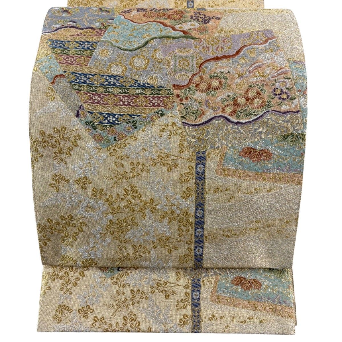 【美品】 袋帯 秀品 色紙 花鳥 金銀糸 箔 金色 お太鼓柄 正絹 【中古】