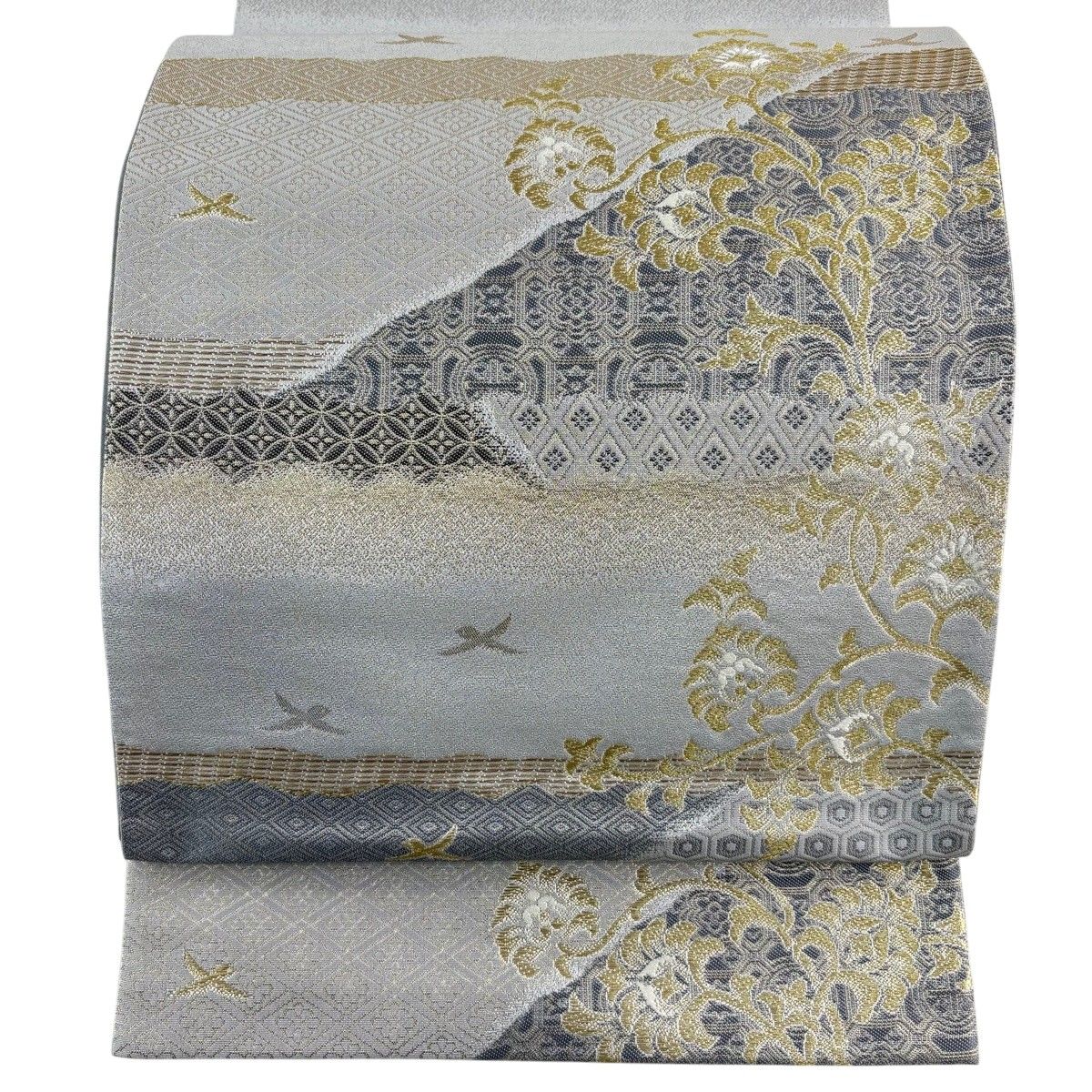【美品】 袋帯 秀品 花唐草 鳥 金糸 箔 灰色 六通 正絹 【中古】