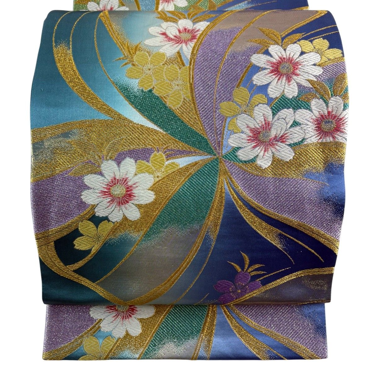 【美品】 袋帯 秀品 桜 金糸 箔 青 六通 正絹 【中古】
