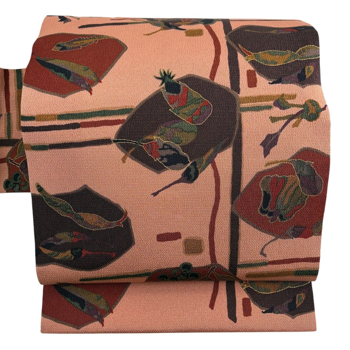 【美品】 名古屋帯 秀品 生り物 縮緬 サーモンピンク 正絹 【中古】