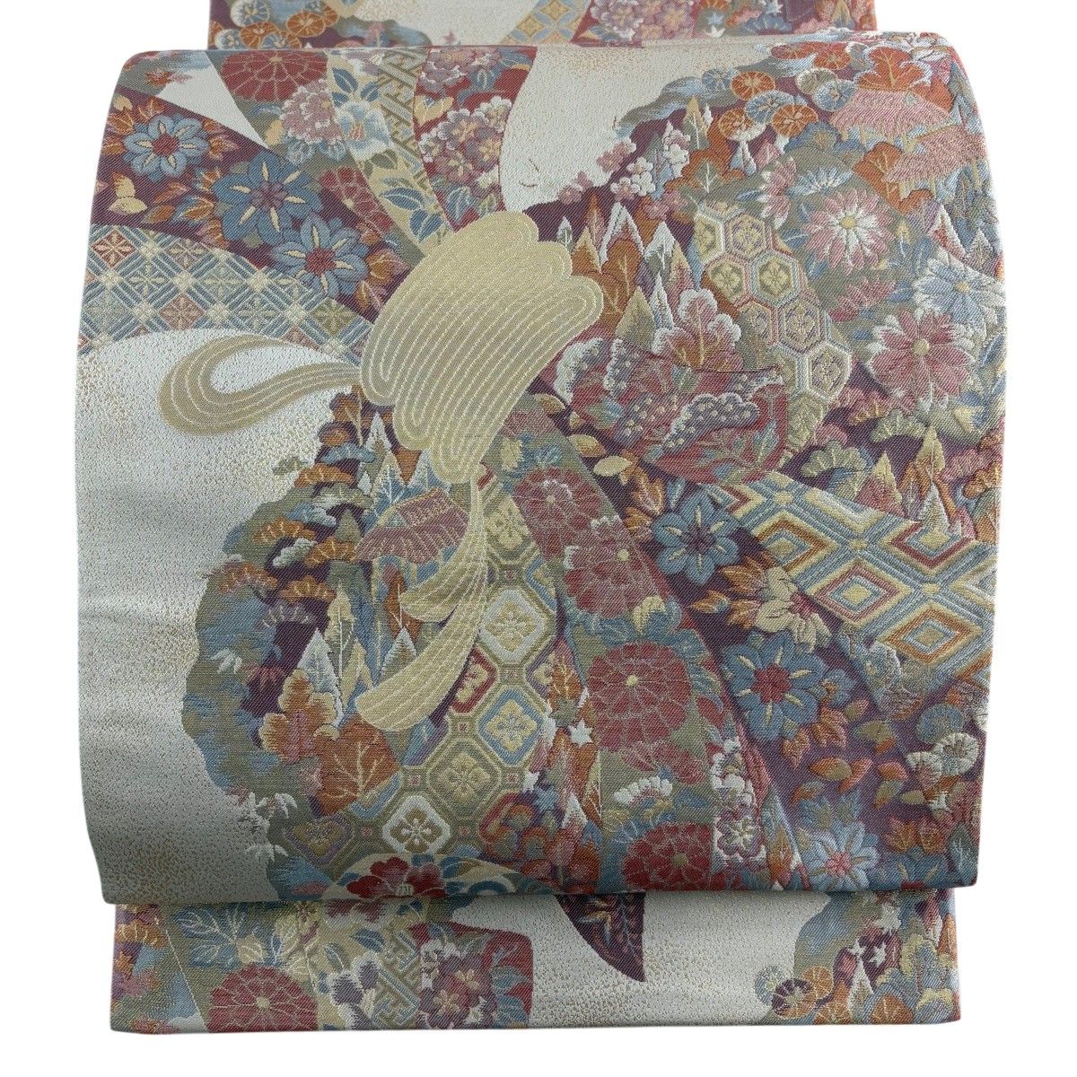 【美品】 袋帯 秀品 束ね熨斗 草花 箔 薄茶色 六通 正絹 【中古】