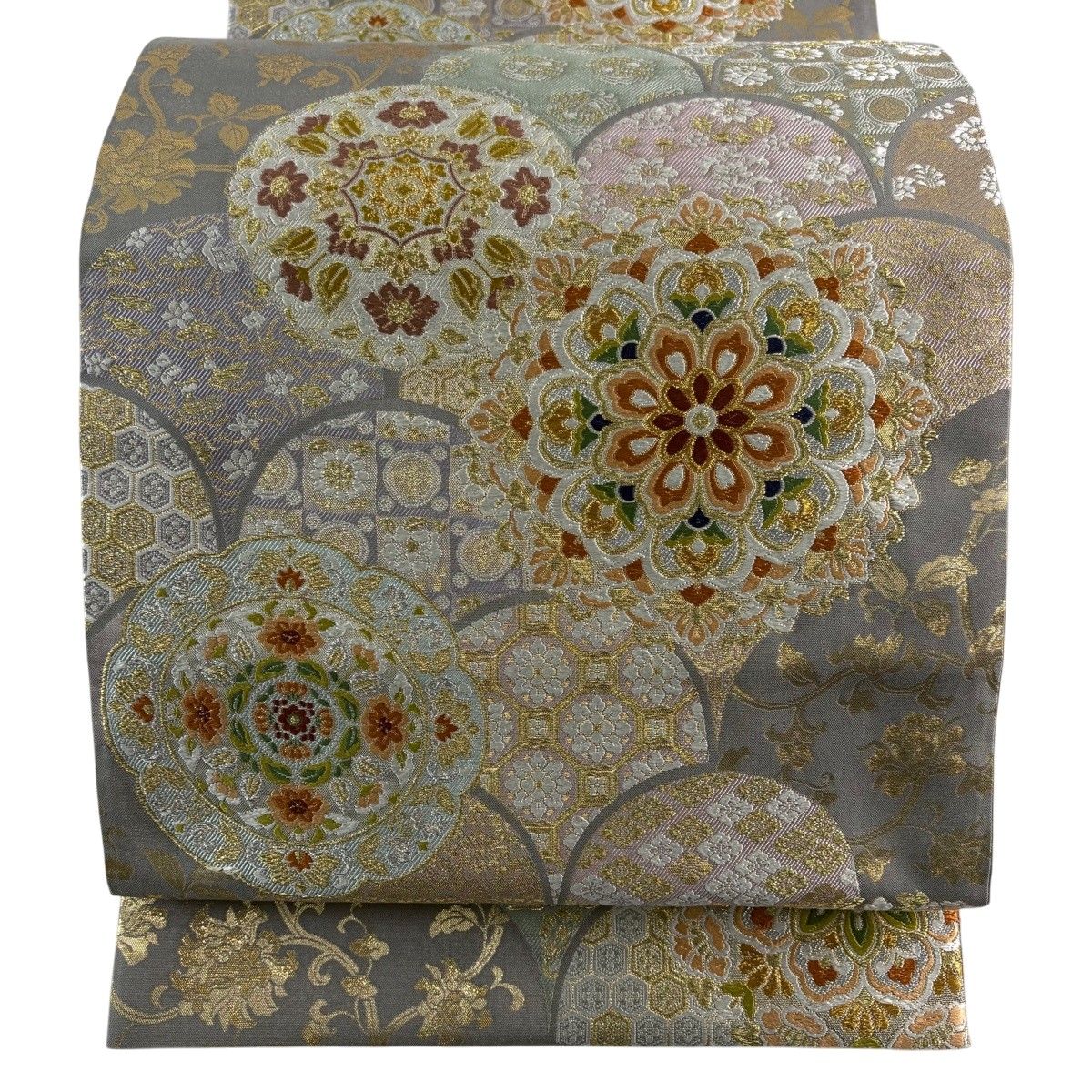 【美品】 袋帯 秀品 青海取華文 金銀糸 箔 灰色 六通 正絹 【中古】