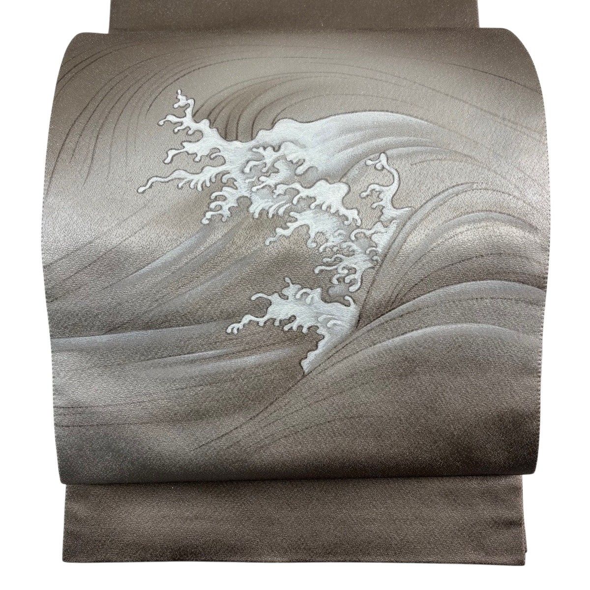 【美品】 袋帯 秀品 落款 波頭 箔 灰茶 お太鼓柄 正絹 【中古】