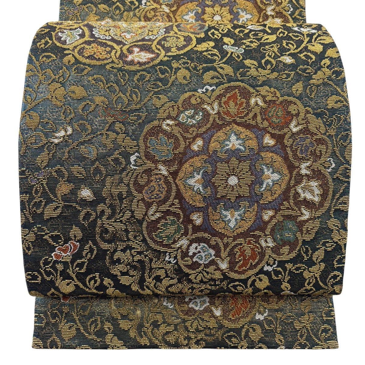 【美品】 袋帯 名品 証紙 華文 花唐草 金糸 箔 灰緑 六通 正絹 【中古】