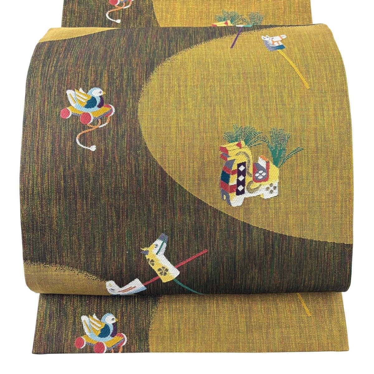 【美品】 袋帯 名品 玩具 馬 金糸 茶緑色 六通 正絹 【中古】