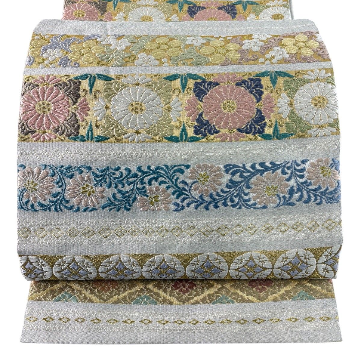 【美品】 袋帯 名品 菊 七宝 金糸 灰白 六通 正絹 【中古】
