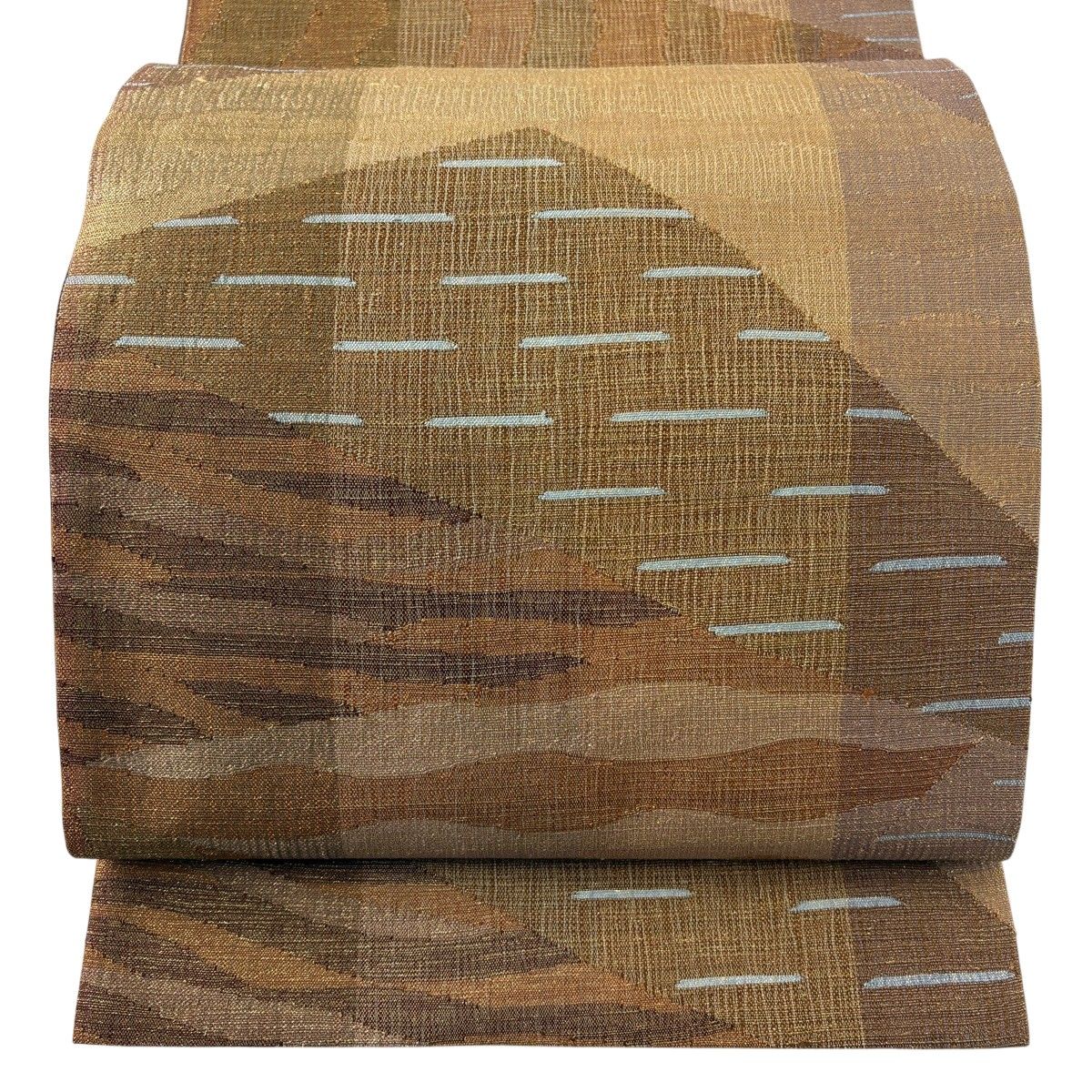 【美品】 袋帯 名品 幾何学模様 金糸 茶色 全通 正絹 【中古】