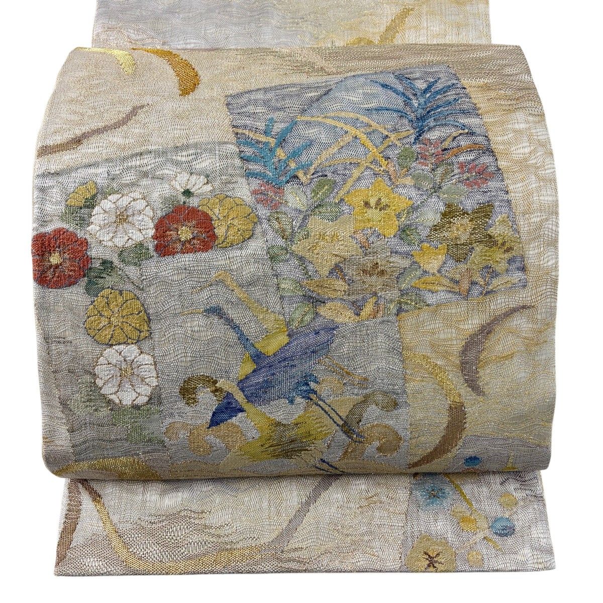 【美品】 袋帯 名品 色紙 花鳥 金銀糸 箔 薄茶色 六通 正絹 【中古】