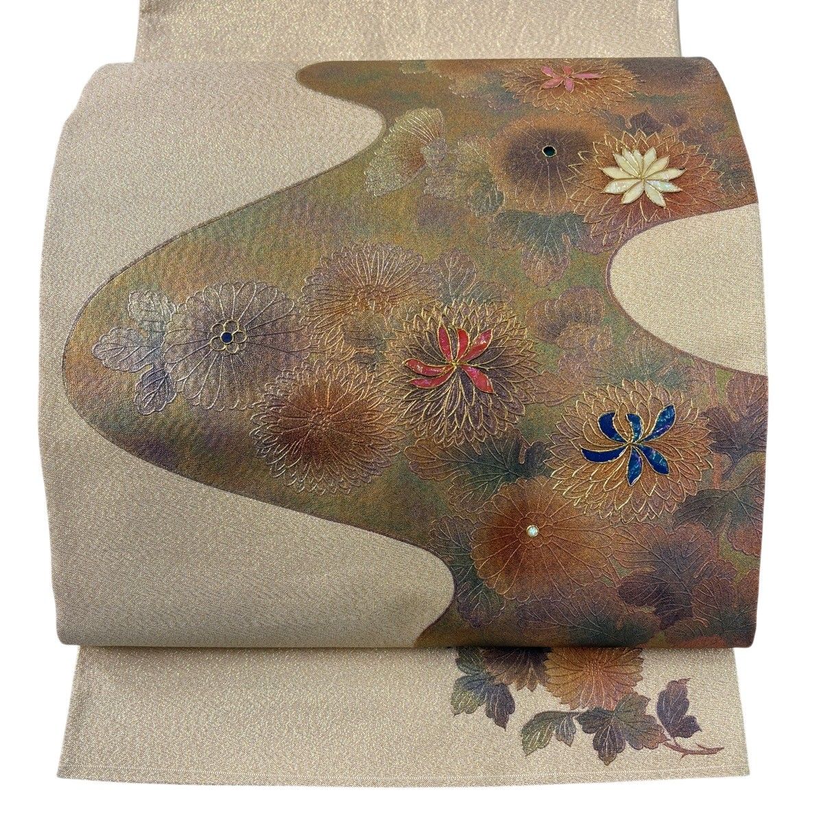 【美品】 袋帯 名品 菊 螺鈿 金彩 ベージュ お太鼓柄 正絹 【中古】