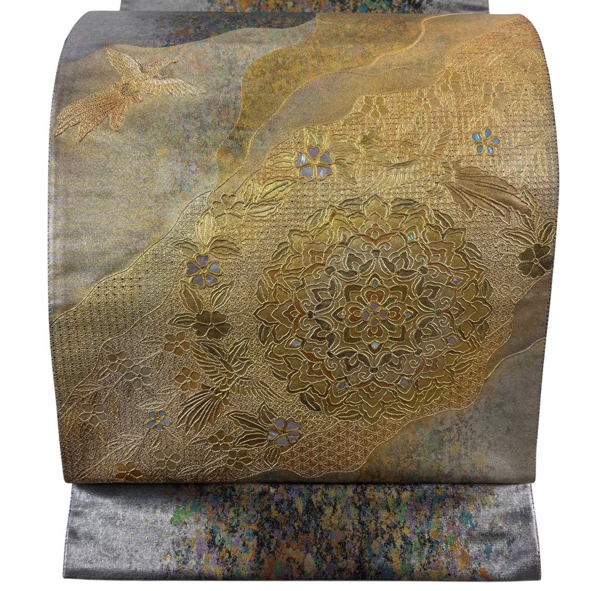 【美品】 袋帯 名品 華文 花鳥 螺鈿 金彩 金色 お太鼓柄 正絹 【中古】