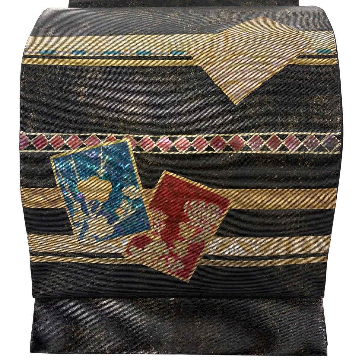 【美品】 袋帯 名品 川島織物 落款 草花 菱 箔 螺鈿 墨色 お太鼓柄 正絹 【中古】