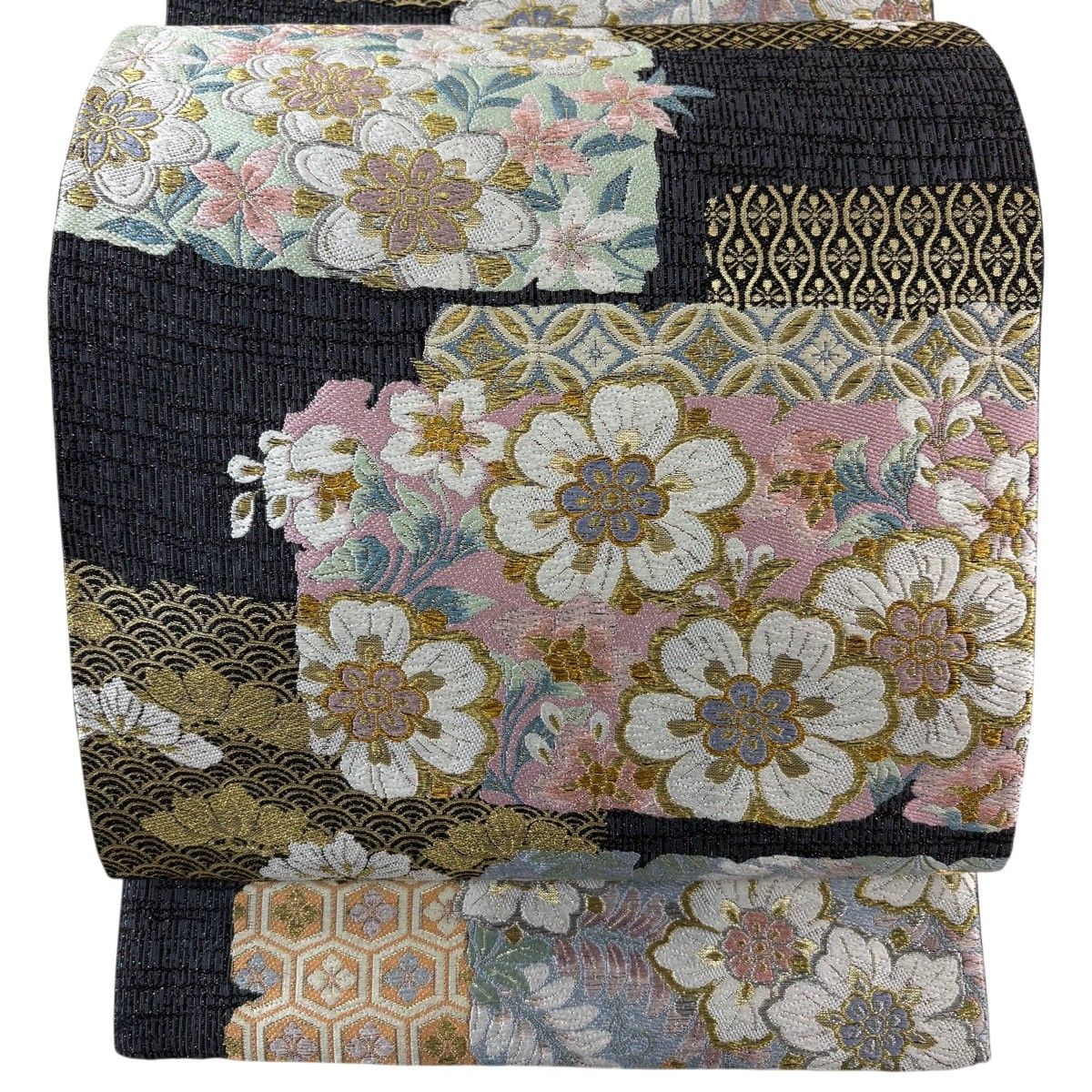 【美品】 袋帯 名品 草花 青海波 箔 金銀糸 黒灰 六通 正絹 【中古】
