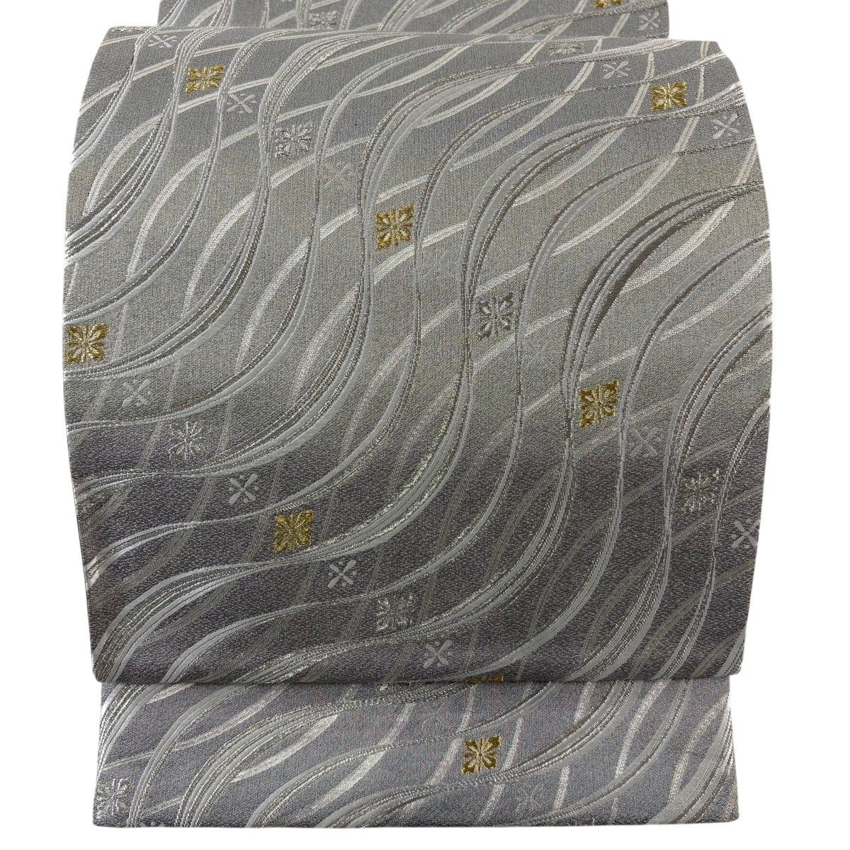 【美品】 袋帯 名品 花菱 幾何学模様 金銀糸 箔 銀色 六通 正絹 【中古】