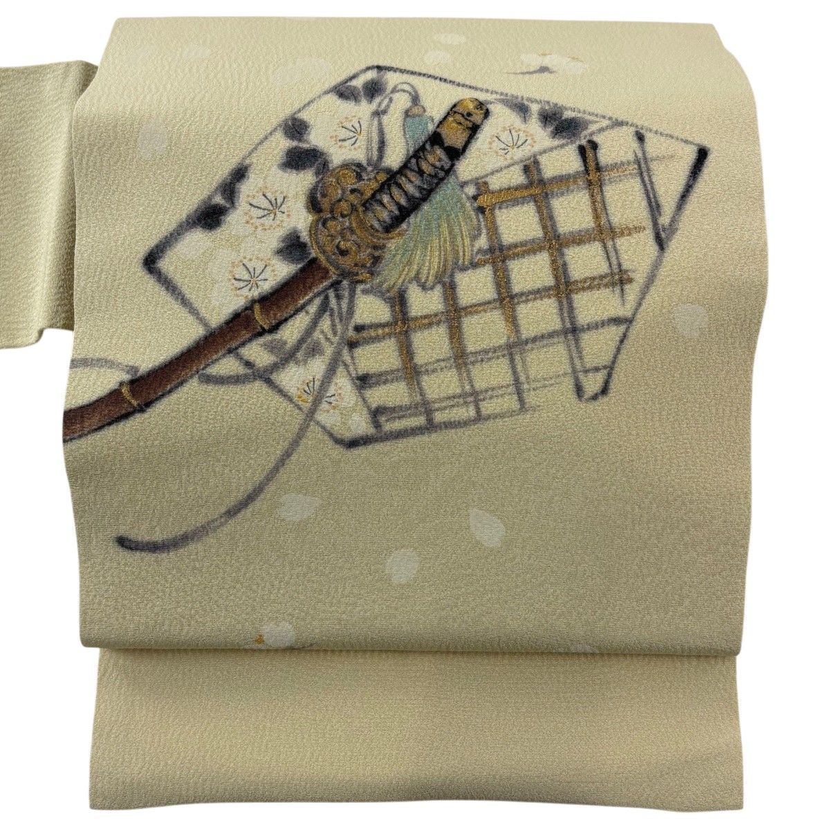 名古屋帯 名品 落款 山科春宣 刀 桜 金彩 ベージュ 正絹 【中古】