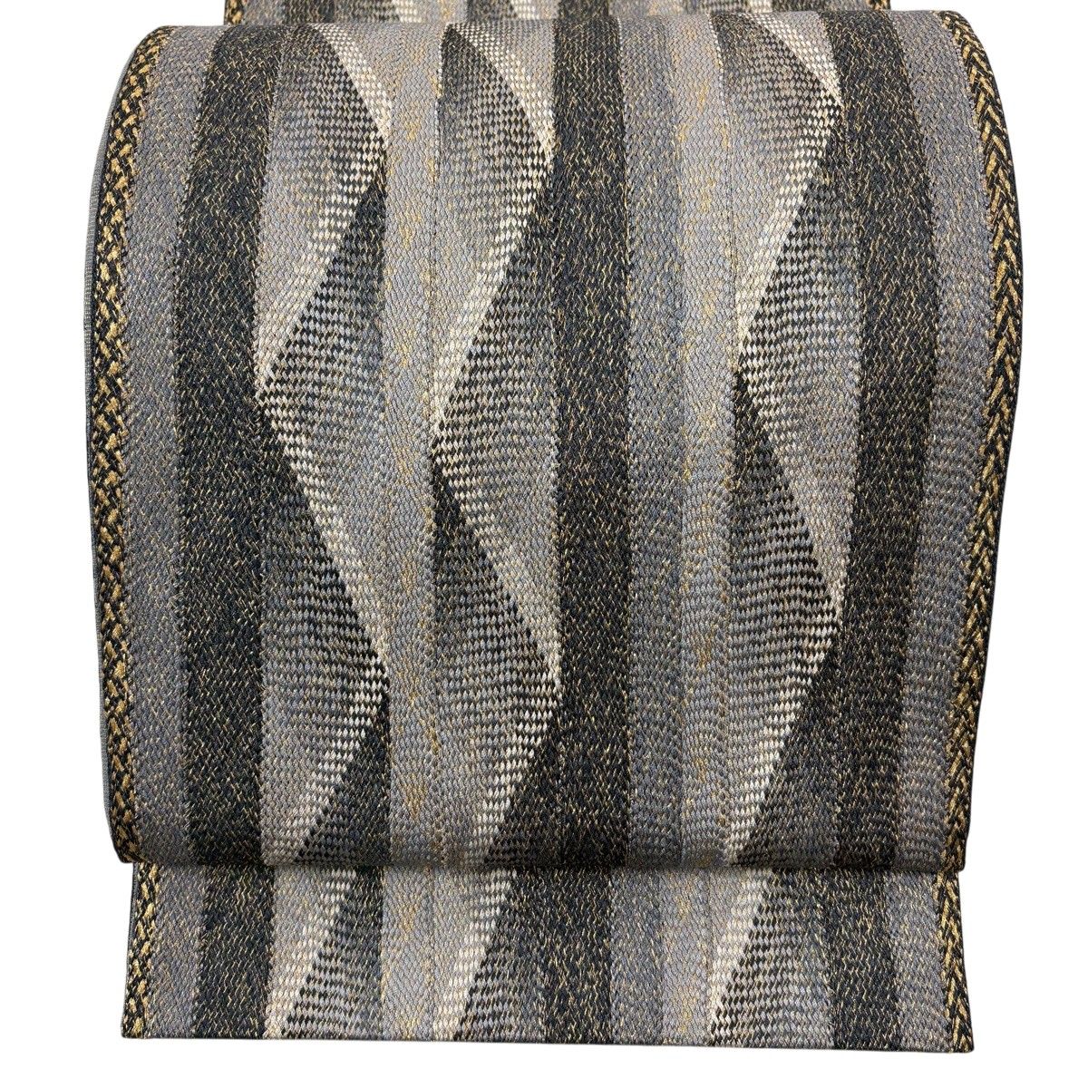【美品】 袋帯 名品 縞 幾何学模様 金糸 灰色 全通 正絹 【中古】