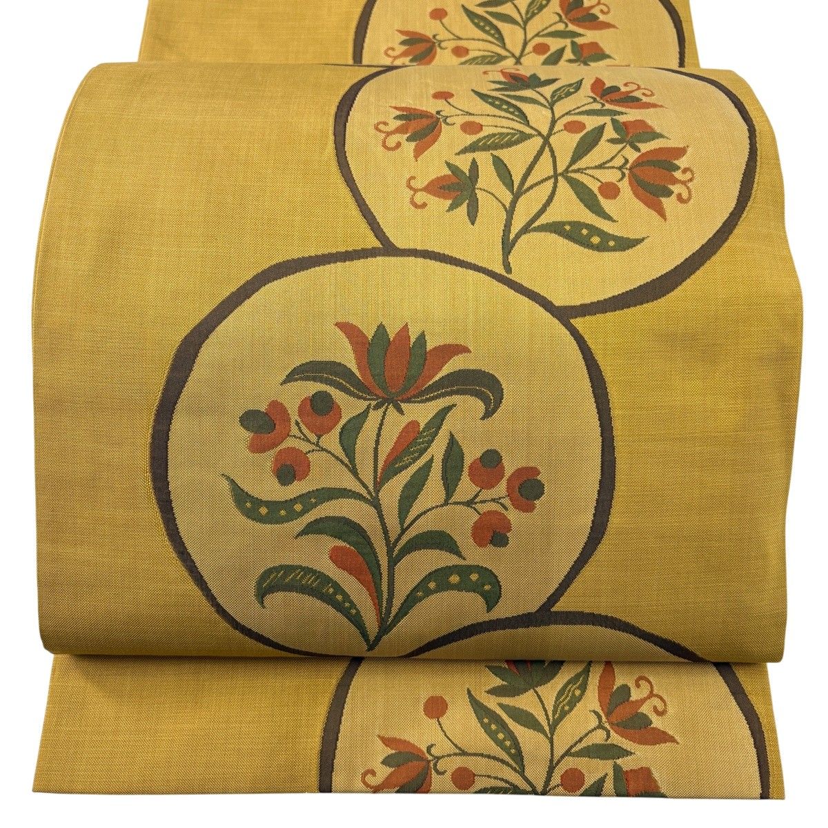 【美品】 袋帯 名品 木屋太 落款 丸文 草花 山吹茶色 六通 正絹 【中古】